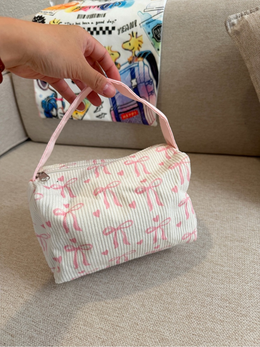Pink Bow Print Handheld Women’s Cosmetic Pouch